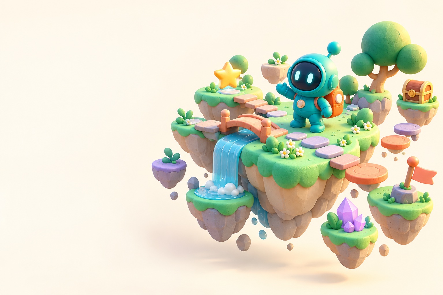 A friendly turquoise explorer on a floating island, surrounded by a waterfall, stars and colorful stepping stones